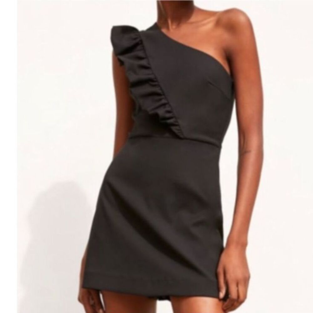 ZARA NWT Women's Black Ruffled One Shoulder Romper Mini Dress Size M